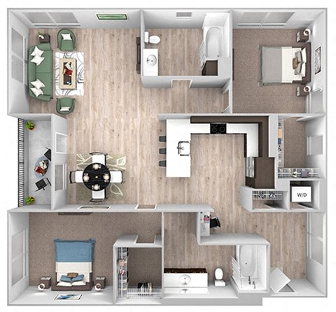 Floor plan for 2 beds, 2 baths, 1170 sqft